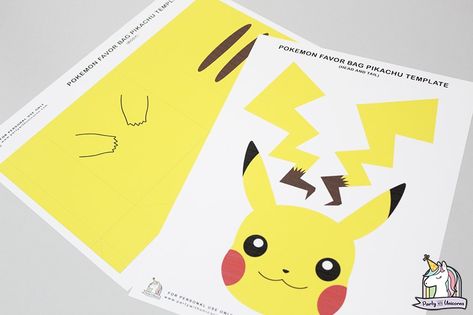 DIY Pikachu Favor Bag - Free Printable Template Pikachu Template Printable, Pikachu Printable, Pikachu Template, Pokemon Template, Diy Party Packs, Bolo Pikachu, Pokemon Favor, Pokemon Birthday Card, Pikachu Ears