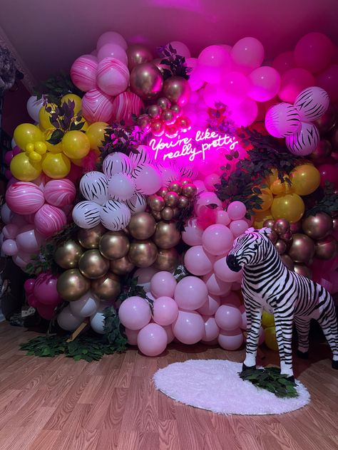 Pinks,greens with a dash of zebra print #balloons #balloongarland #balloonwall #greenwall #aesthetic #garland #kalisen #decor #party #tiktok #moongate #arch Pink Jungle Balloon Garland, Zebra Balloon, Pink Zebra Ideas, Zebra Print Party, Hot Pink And Zebra Birthday Party, Pretty Balloons, Balloon Wall, Green Wall, Balloon Garland