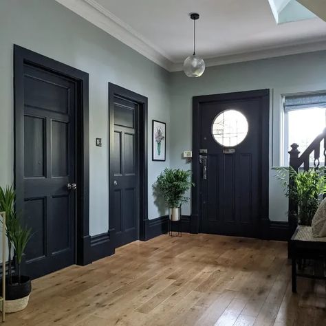 Misted Green, Edwardian Hallway, Hallway Colour Schemes, Black Interiors, Going Dark, Hallway Paint, Victorian Hallway, Oval Room Blue, Hallway Colours