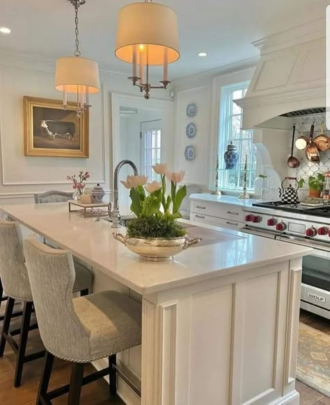 Kitchen Island Decor Ideas, Cabinets With Glass Doors, Southern Kitchens, Kitchen Island Decor, Large Kitchen Island, Charming Kitchen, Plate Rack, Nancy Meyers, Island Decor