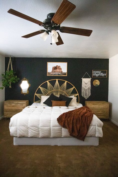 Black And Rust Bedroom Boho, Black And Rust Bedroom, Rust Bedroom, Farmhouse Faucet, Macrame Wall Hanger, Rattan Headboard, Bathroom Tile Ideas, Modern Masters, Boho Bathroom