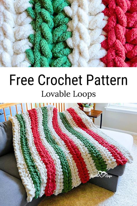 This free, easy crochet afghan pattern makes a quick and simple Christmas throw blanket with a classic and traditional style, perfect for beginner crocheters. Made with jumbo yarn for a chunky knit look, it features striped Christmas colors and a ribbed texture for extra cozy warmth. Ideal for xmas ideas, it’s a unique handmade gift and aesthetic home decor for the winter season. Snuggle up with this squishy rectangle diy design using Bernat Blanket Extra Thick! Christmas Blanket Pattern, Crochet Christmas Blanket, Afghan Crochet Patterns Easy, Christmas Crochet Blanket, Jumbo Yarn, Christmas Throw Blanket, Bernat Blanket, Bernat Blanket Yarn, Christmas Blanket