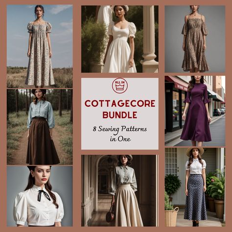 Cottagecore Sewing Pattern Bundle includes 8 Cottagecore sewing patterns in one:  available as an instant download (pdf) sewing pattern bundle with a range of size options, including plus sizes ; US Sizes: 2, 4, 6, 8, 10, 12, 14, 16, 18, 20, 22, 24, 26, 28, 30 Standard Sizes: XS, S, M, L, XL, 2XL, 3XL, 4XL These patterns are suitable for A4, A0, and US Letter size papers. As soon as your payment is processed, you will automatically receive download links for the pattern files. This is a digital product and not a finished item. You will receive zip files containing the patterns and sewing instructions. If you have any questions, do no hesitate to contact! Cottage Dress Pattern, Cottagecore Pattern Sewing, Free Cottagecore Sewing Patterns, Dark Academia Sewing Pattern, Cottagecore Sewing Pattern, Diy Diaries, Cottagecore Sewing, Cottagecore Dress Pattern, Midi Skirt Sewing Pattern