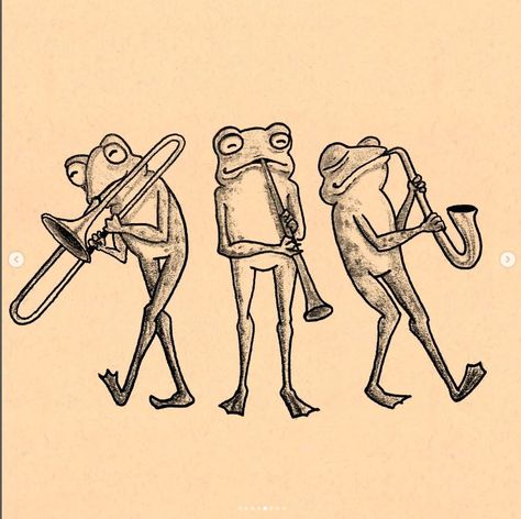 3 Frogs Drawing, Bugs Playing Instruments, Animal Playing Instrument Tattoo, Standing Frog Drawing, Frog Knight Tattoo, Animal Playing Instrument Drawing, Silly Frog Drawings, Dancing Frog Drawing, Jazz Frog