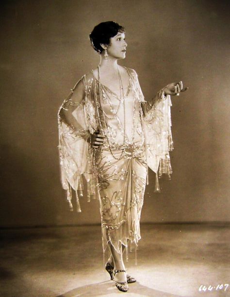 Elaborate Flapper Gown with Drapey Sleeves c. 1920s 1920s American Fashion, Authentic 1920s Fashion, 1920s Fashion Aesthetic, 1920s Cabaret, 1920s Gown, Dresses 1920s Style, 1920s Aesthetic, 20’s Style, 1920s Glamour