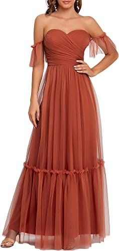 Amazon.com: Ever-Pretty Women's Off-Shoulder Long Ruched Tulle Evening Dresses 50126 : Clothing, Shoes & Jewelry Burnt Orange Bridesmaid Dresses, Mesh Bridesmaids Dress, Orange Bridesmaid, Orange Bridesmaid Dresses, Tulle Party Dress, Bridesmaid Dresses Strapless, Maid Of Honour Dresses, Burnt Orange Dress, Tulle Evening Dress