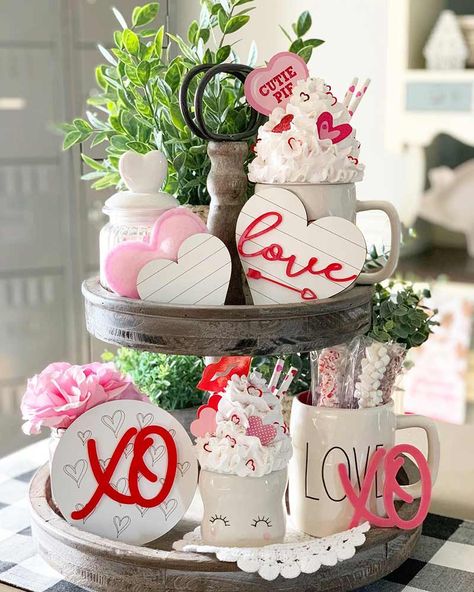 Valentine Tweets, Valentine Goodies, Breakfast Station, Valentine's Day Decorations, Diy Valentine's Day Decorations, Tier Trays, Valentine's Ideas, Tiered Tray Diy, Faux Shiplap