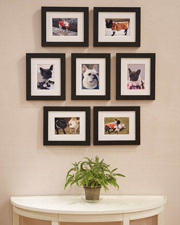 If you have a several photos of the same or similar subject, create a photo gallery with them like Martha did here http://www.marthastewart.... Photo Frame Ideas, Small Gallery Wall, Photo Wall Display, Picture Arrangements, House Upgrades, Photo Walls, Cottage Market, Photo Wall Gallery, Martha Stewart Crafts