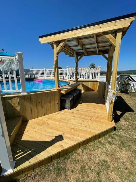 Pool Deck With Roof, Pergola On Pool Deck, Above Ground Pool Seating Ideas, Above Ground Pool Deck Ideas Off House, Bar Around Pool, Diy Pool Deck Decor Ideas, Above Ground Pool With Deck And Bar, Pool Deck Layout, Pool Off Back Deck