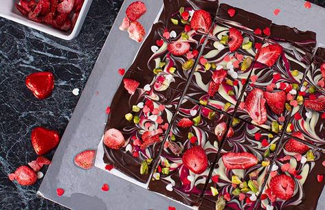 Valentine's strawberry chocolate bark | New World Valentine Strawberries, Coconut Shavings, Chocolate Fruit, Freeze Dried Strawberries, Dried Strawberries, Chocolate Bark, Healthy Sweets Recipes, Chocolate Strawberries, Dried Fruits