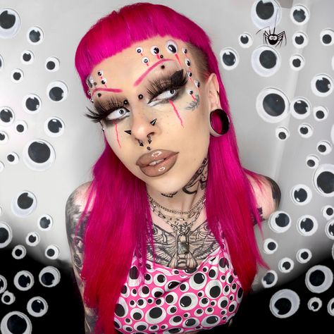 sfx makeup googly eyes alt alternative pink mullet Googly Eyes Makeup, Googly Eye Makeup, Pink Mullet, Halloween Mad, Pink Alien, Googley Eyes, Rave Makeup, Edgy Makeup, Sfx Makeup