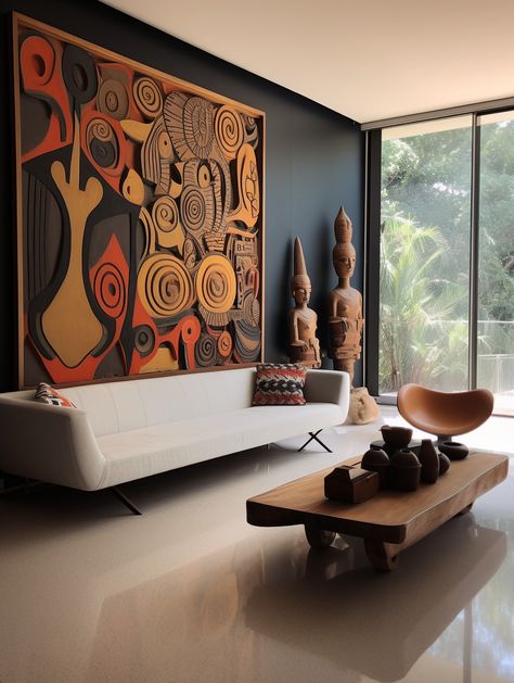 African American Home Decor Living Rooms, Modern Afro Centric Decor, South American Interior, South American Interior Design, Living Room African Style, African Modern Home Decor, Afrohemian Decor Living Room, African Room Decor Ideas, Modern African Decor Living Rooms