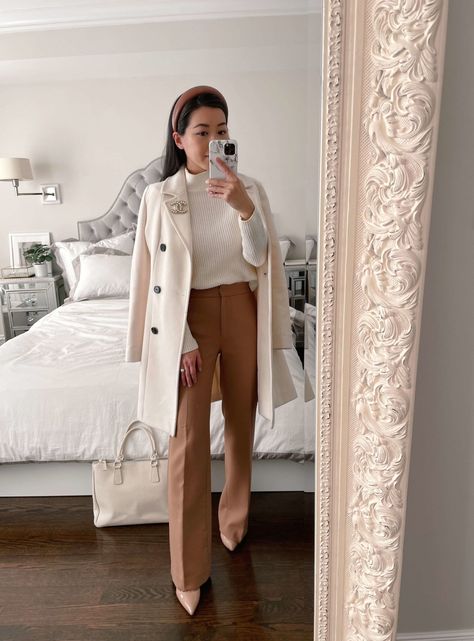 camel pants + white coat formal workwear outfit // Extra Petite fashion & lifestyle blog from Boston blogger Jean Wang Camel Pants Outfit, White Coat Outfit, Long White Coat, Petite Work Outfits, Classic Work Outfits, Off White Coat, Pants Outfit Work, Long Coat Outfit, Camel Pants