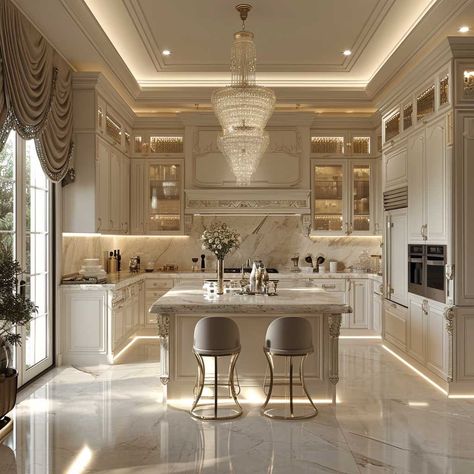 Subtle Opulence in Minimalist Baroque Interior Decorating Ideas • 333+ Images • [ArtFacade] Dapur Aesthetic Minimalist, Modern Baroque Interior, Elegant Kitchens Luxury, Classic Kitchen Design Luxury, Baroque Kitchen, Louisiana House, Sitting Room Interior Design, Modern Classic Kitchen, Luxurious Kitchens