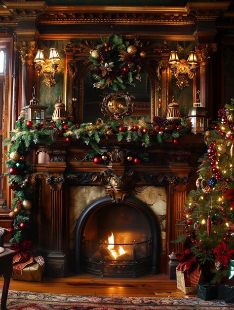 Looking for Christmas mantel decorating ideas? Our collection includes everything from simple and rustic to modern designs. Perfect for fireplaces and around the TV, these Christmas mantel decorations will make your holiday decor shine. Check out our 2024 guide for the best DIY tips and inspiration. Victorian Christmas Fireplace, Royal Christmas Decoration, Victorian Goth Christmas, Christmas Victorian Decoration, Fake Fireplace Ideas Christmas, Victorian Christmas Mantle, Dickens Christmas Decorations, Christmas Mantle Ideas Fireplaces, Christmas Chimney Decoration