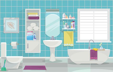 Bathroom Illustration, Feng Shui Colors, Feng Shui Colours, Modern Bathroom Interior, Interior Clean, Bathroom Rug Sets, Bathroom Colors, Bathroom Supplies, Flat Illustration