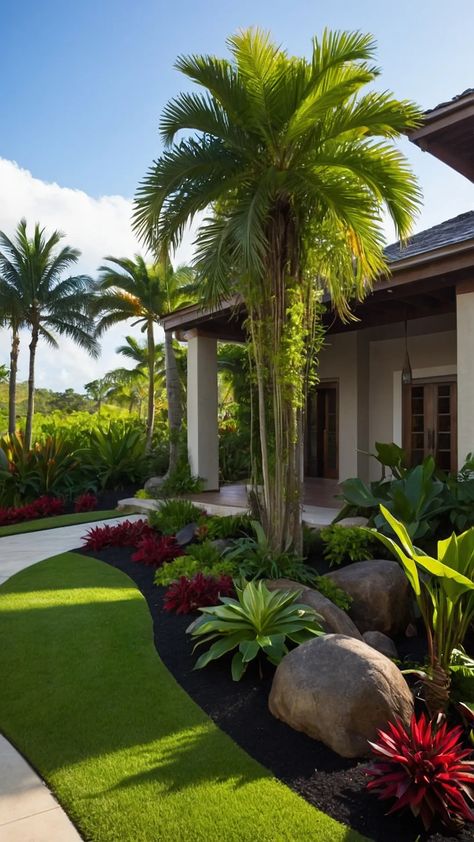 Your Guide to Paradise: 13 Tropical Landscape Design Ideas You’ll Love - Cheerful Talks Florida Side Yard Landscaping, Florida Landscaping Ideas Front Yards, Tropical Landscape Front Yard, Tropical Landscape Ideas, Front Yard Entrance, Florida Landscaping Ideas, Palm Springs Landscaping, Tropical Landscaping Ideas, Modern Landscape Design Front Yard