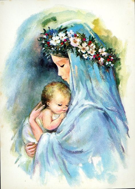 Mother Mary Holding Baby Jesus Christmas Card Watercolor, Mother Mary Images, Jesus Drawings, Mama Mary, Mother Art, Vintage Christmas Card, Card Watercolor, Jesus Painting, Blessed Mother Mary