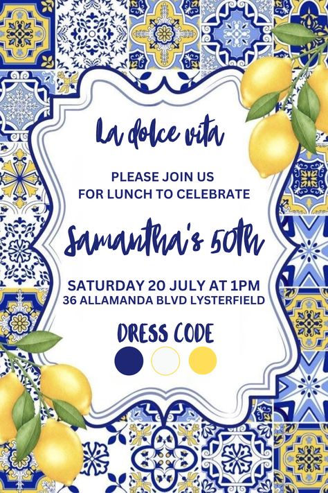 Mediterranean Birthday Party Theme, Positano Birthday Theme, Positano Theme Party, Capri Invitation, Mediterranean Party Invitations, Mediterranean Invitation Template, Blue Tile Lemon Theme Party, Bbq Event, Mediterranean Party