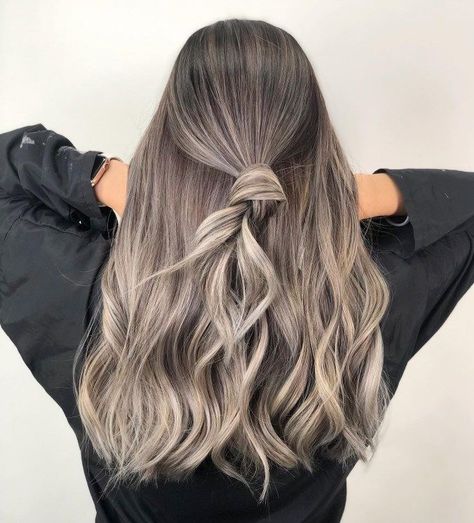 Ash Color Balayage, Hair Ash Blonde Ashy Light Brown, Dark Brown Base With Ash Blonde Balayage, Light Ash Brown Hair With Dark Roots, Brown To Ash Brown Balayage, Low Maintenance Ash Blonde Balayage, Balayage Ash Brown Blonde, Full Balayage Ash Blonde, Dark Brown With Ash Blonde Balayage