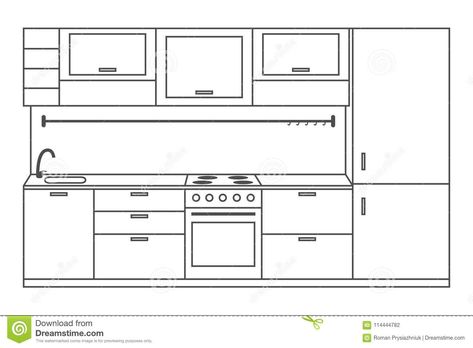 Illustration about Kitchen interior front view, linear sketch. Line kitchen with furniture, stove, fridge, cupboards and shelves. Vector illustration. Illustration of drawing, graphic, food - 114444782 Dream Kitchen Drawing, Drawing Kitchen Design, Kitchen Ideas Sketch, Modern Kitchen Drawing, Simple Kitchen Drawing, Kitchen Sketch Drawing Interior Design, Kitchen Section Drawing, Interior Design Kitchen Drawing, Kitchen Details Drawing