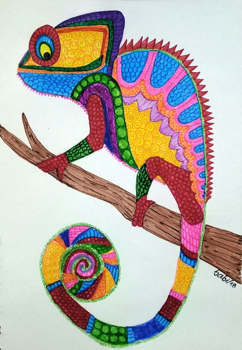 Cameleon Art Drawing, Camelions Drawing, Cameleon Art, Gecko Wall Art, Chameleon Art, Whimsical Art Paintings, Jungle Art, Intuitive Art, Happy Paintings