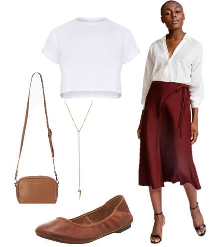 Wrap Skirt Outfit, Brown Ballet Flats, Maroon Skirt, Skirt Outfits Summer, Brown Flats, Brown Leather Shoulder Bag, Summer Skirts, White Crop Top, White Skirts