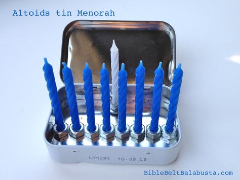 1/4" hex nuts all in row Havdalah Candle, Diy Hanukkah, Jewish Crafts, Altoids Tin, Hanukkah Crafts, Bible Belt, Chanukah Party, Altoids Tins, Hanukkah Decorations