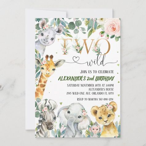 Girl 2 Year Birthday Theme, Born 2 Be Wild Birthday Girl, Two Birthday Theme Girl, Second Birthday Girl Theme, Wild Birthday Party, 2nd Birthday Invitations, Kids Birthday Party Invitations, Girl 2nd Birthday, Safari Birthday