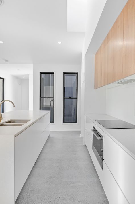 Polished Concrete Floor Kitchen, Galley Kitchen With Island, Concrete Floor Kitchen, Polished Concrete Kitchen, Concrete Kitchen Floor, Neutral Cabinets, Coastal Cottage Kitchen, Polished Concrete Floor, Concrete Kitchen