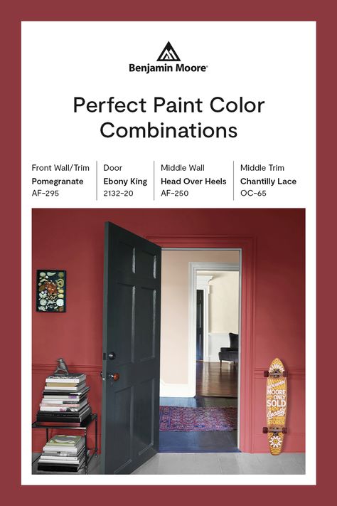 We are simply in awe of how striking Pomegranate AD-295 and Ebony King 2132-20 look when paired together. Paint Living Room, Paint Color Combinations, Color Combinations Paint, Popular Paint Colors, Exterior Stain, Perfect Paint Color, Wall Trim, Paint Colors For Living Room, Inspired Living