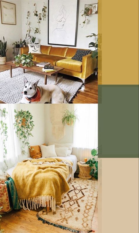 Green Yellow Gold Bedroom, Sage Room Color Scheme, Mustard Room Aesthetic, Green Bedroom Yellow Accents, Mustard And Green Bedroom Ideas, Bedroom Mustard And Grey, Mustard Yellow Bedding Bedroom, Green Yellow Cream Bedroom, Ochre And Green Bedroom