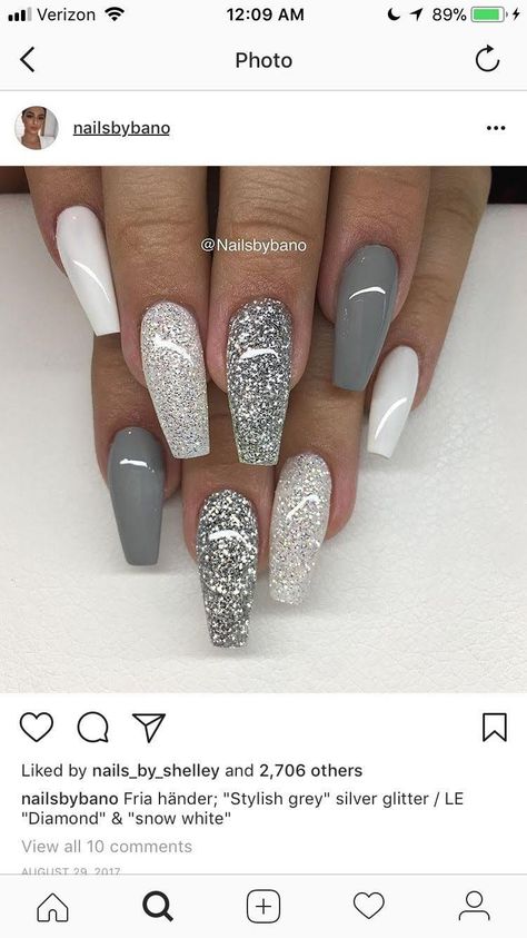 Grey Nail Designs, White Nail Art, Gray Nails, White Nail Designs, Sparkle Nails, Ideas Nails, New Year's Nails, Nails Desing, Silver Nails