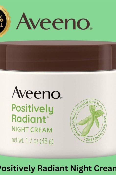 1.7-ounce jar of Aveeno Positively Radiant Intensive Moisturizing Night Face Cream with tone correcting soy and niacinamide, works while you sleep to even skin tone and texture and hydrate skin overnight, so you wake up looking fresh and luminous.
This night cream facial moisturizer is formulated with tone correcting soy and a boost of niacinamide, a form of Vitamin B3, to leave skin feeling silky and looking more radiant while reducing the look of dark spots. Aveeno Positively Radiant, Night Face Cream, Moisturizing Face, Cream Tones, Vitamin B3, Dermatologist Recommended, Night Cream, Dull Skin, Even Skin Tone