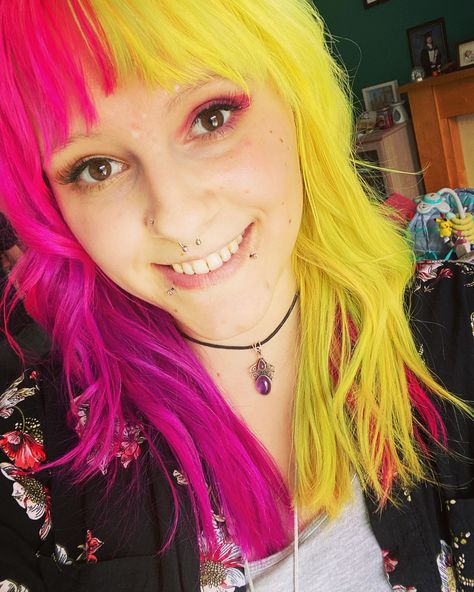 Half and half split pink and yellow hair. Directions hair colour Pink And Yellow Hair, Pink And Yellow Split Dye, Pink Orange And Yellow Hair, Orange And Yellow Split Dye, Purple And Orange Hair Split, Neon Pink And Yellow Hair, Pink And Yellow Hair Split, Orange Yellow Pink Hair, Bright Pink Hair