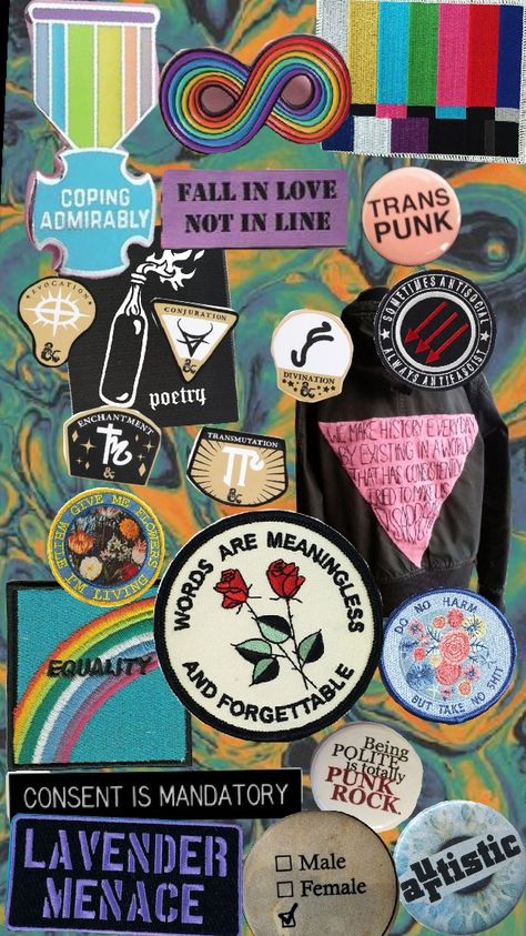 queer patch game. #lgbtq #trans #gay #antifascist #genderqueer #punk #rainbow Queer Punk Wallpaper, Trans Punk Aesthetic, Queer Punk Fashion, Queercore Punk, Genderqueer Aesthetic, Queer Patches, Punk Fits, Liberation Art, Queer Culture