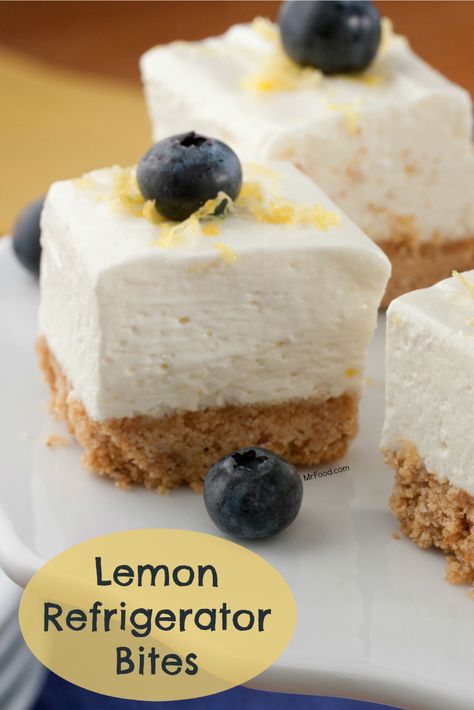 Try these light and fluffy Lemon Refrigerator Bars at your next brunch. They're delicious and easy to make! Lemon Refrigerator Bites, Funnel Cake Fries, Lemon Treats, Lemon Squares, Bite Size Desserts, Recipe Dessert, Cakes Recipes, Italian Ice, Amish Recipes