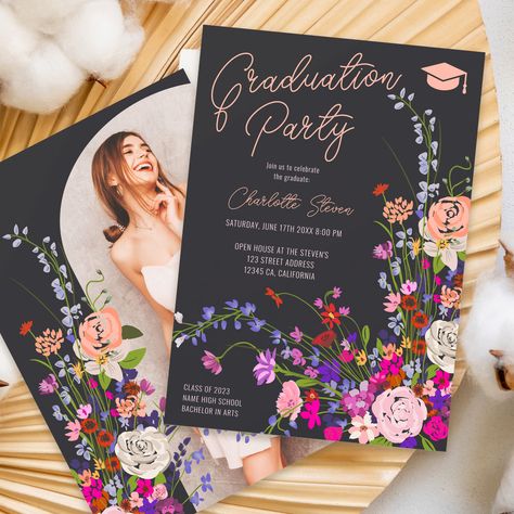 Spring Floral Party Decorations, Party Themes Graduation, Wild Flower Theme Graduation Party, Flower Theme Graduation Party, Spring Graduation Pictures, Grad Photo Ideas College, Grad Card Ideas, Mexican Graduation Party, Flower Graduation Party