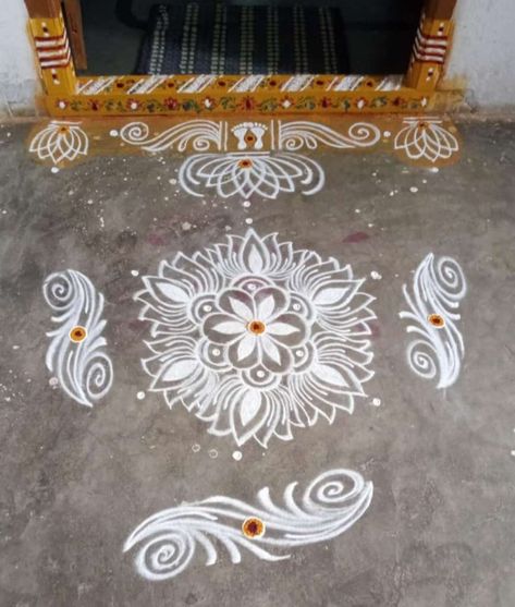 Small Jhoti Design, Gadapa Rangoli Designs, Friday Rangoli Designs, Suspense Quotes, Muggu Borders, Gadapa Designs, Jhoti Design, Sankranti Muggulu, White Rangoli