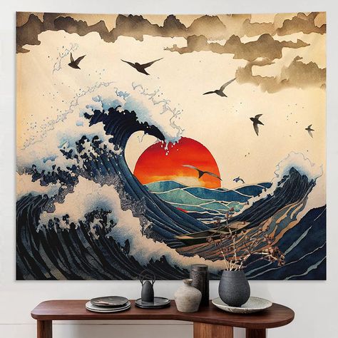 PRICES MAY VARY. 【 Ukiyoe Art 】: Inspired by the stunning Japanese art of ukiyo-e, we've taken a piece of the classic painting and combined it with our own unique design for this sea wave tapestry. The combination of the sun, waves and birds gives an immersive feeling. 【 Crafted Products 】: The blue sea tapestry wall art is made of skin-friendly, durable, reusable polyester fabric that is easy to clean and quick to dry. Also, due tso the beautiful symbolism expressed by the tapestry wall hanging, it is great for people who like undersea world view 【 Multipurpose 】: The aesthetic tapestry wall hanging can be used to decorate a bedroom, living room, dormitory or yoga room. It can also be used as posters, wall decorations, bedsheets, bedspreads, tablecloths, TV covers, curtains and so on 【 Me Sunset Room Decor, Tapestry Room Aesthetic, Ukiyoe Art, Wave Tapestry, Anime Sunset, Japanese Ocean, Sunset Room, Aesthetic Tapestry, Tapestry Aesthetic