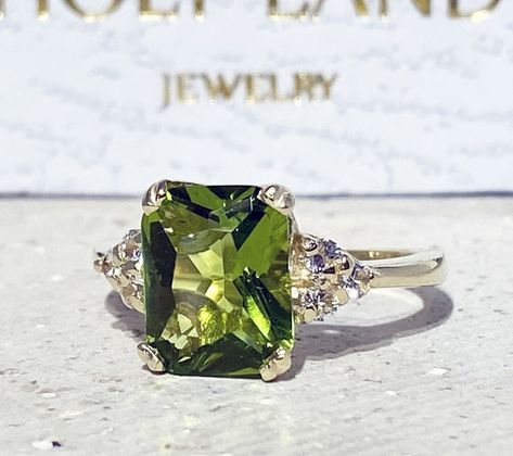 Peridot Rings Vintage, Rag Bag, Ring Rectangle, Statement Engagement Ring, Peridot Engagement Rings, Rectangle Ring, Mothers Ring, Prong Ring, Peridot Jewelry