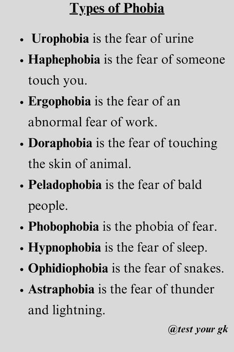 In this post we have given Types of Phobias. Our post is full of amazing gk. If you like to read and improve your gk, then you must FOLLOW our page @test your gk
.
LIKE
.
SHARE
.
COMMENT
.
#gk
#upscgkquiz
#generalknowledge
#worldgk	
#facts
#gkinenglish
#gkquiz
#gkindia
#gkmcq
#generalknowledgequiz Types Of Phobia, Phobia Words, Ib Art, General Knowledge Book, Health Knowledge, Word Of The Day, General Knowledge, Biology, Cool Words