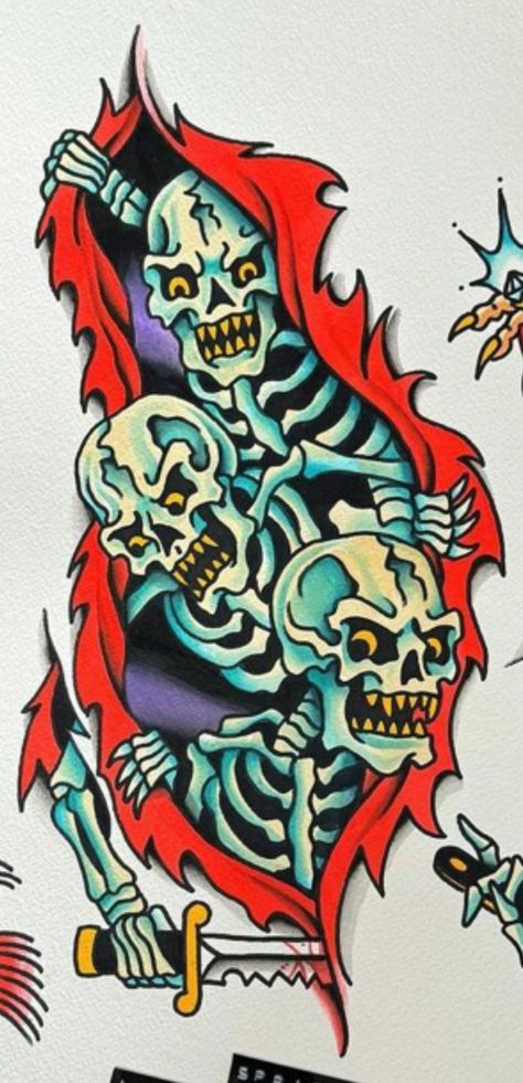 King Diamond Tattoo, Cool Patchwork Tattoos, Skin Rip Tattoo, Horror Movie Flash Tattoo, Evil Dead Tattoo, Good Vs Evil Tattoo, Terrifier Tattoo, Skull Traditional Tattoo, Practice Tattoos