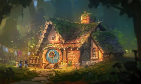 Fantasy Cabin Concept Art, Cottagecore Concept Art, Cabin Concept Art, Shoes Concept Art, House Concept Art Interior, Concept Art Building, Cottage Concept Art, Fantasy House Concept Art, Fantasy House Concept