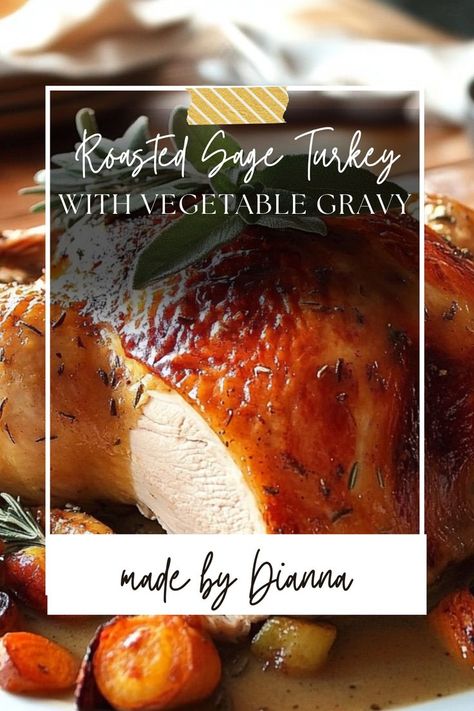 Say hello to the star of your Thanksgiving table! This sage-infused turkey with a hearty vegetable gravy is moist, delicious, and packed with seasonal flavors. Save this must-try recipe! Veggie Gravy, Sage Turkey, Thanksgiving Turkey Recipe, Pumpkin Bisque, Vegetable Gravy, Sage Recipes, Soup Ideas, Festive Dinner, Turkey Recipes Thanksgiving