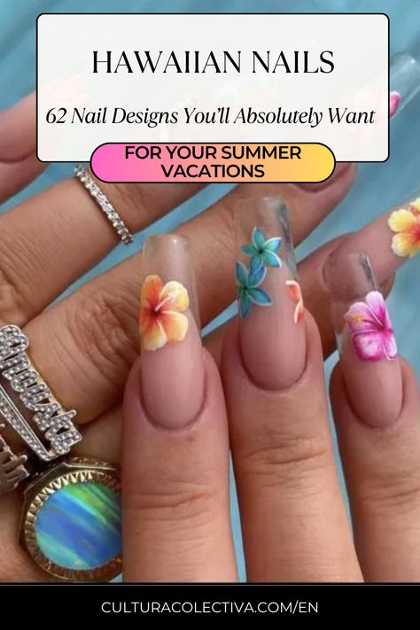 Is it already summer, and you're unsure what type of nail art to wear? We've got the perfect solution for you with these beautiful hawaiian nails. White French Tips Hibiscus Flower, Hibiscus Flower Nails With French Tips, Hawaiian Inspired Nails, Hawaiian Nail Designs Tropical Flowers, Plumeria Nail Design, Hawaii Vacation Nails, Hawaiian Nails Designs, Hawaii Inspired Nails, Luau Nails