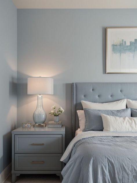 Create a soothing bedroom retreat with a light blue accent wall paired with a soft grey color scheme. Add a touch of elegance with a tufted headboard and complete the look with metallic bedside lamps for a touch of sophistication. Light Blue Grey Bedroom, Grey Headboard Bedroom Color Schemes, Light Blue Accent Wall, Blue Grey Bedroom, Chic Accent Wall, Grey Headboard Bedroom, Blue Accent Wall, Light Blue Bedroom, Blue Gray Bedroom