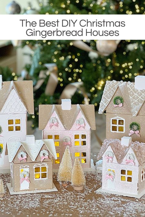 I had so much fun creating the best Christmas gingerbread houses and I love how they turned out. They were so easy and will last forever! I used premade paper mache cardboard houses, acrylic paint, puff paint, cellophane, small wreaths, pearls, glitter, and more glitter. I love the pink Christmas theme and now I just have to decide where I want to style these. Of course, I have about ten different ideas! Mini Christmas Tree Diy, Christmas Gingerbread Houses, Cardboard Gingerbread House, Ginger Bread House Diy, Cool Gingerbread Houses, Diy Gingerbread, Paper Mache Christmas, Gingerbread Diy, Holiday Kids