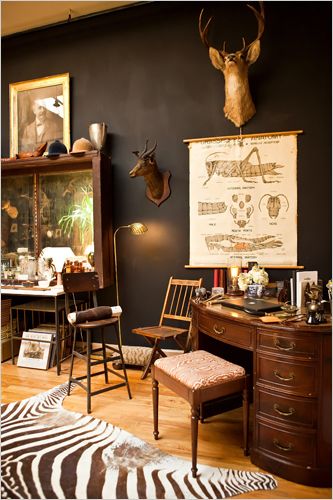 The ‘New Vintage’ Life - NYTimes.com Eclectic Home Office, Chocolate Brown Walls, Trophy Rooms, British Colonial Style, Dark Walls, Brown Walls, Dark Interiors, A Deer, Deer Head