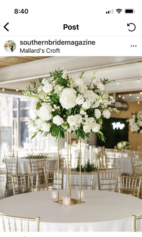 White Tall Floral Centerpieces, Tall White And Green Centerpiece Wedding, Candelabra Wedding Centerpieces, Round Wedding Tables, Wedding Stages, White Floral Centerpieces, Elegant Wedding Themes, White Centerpiece, Tall Table